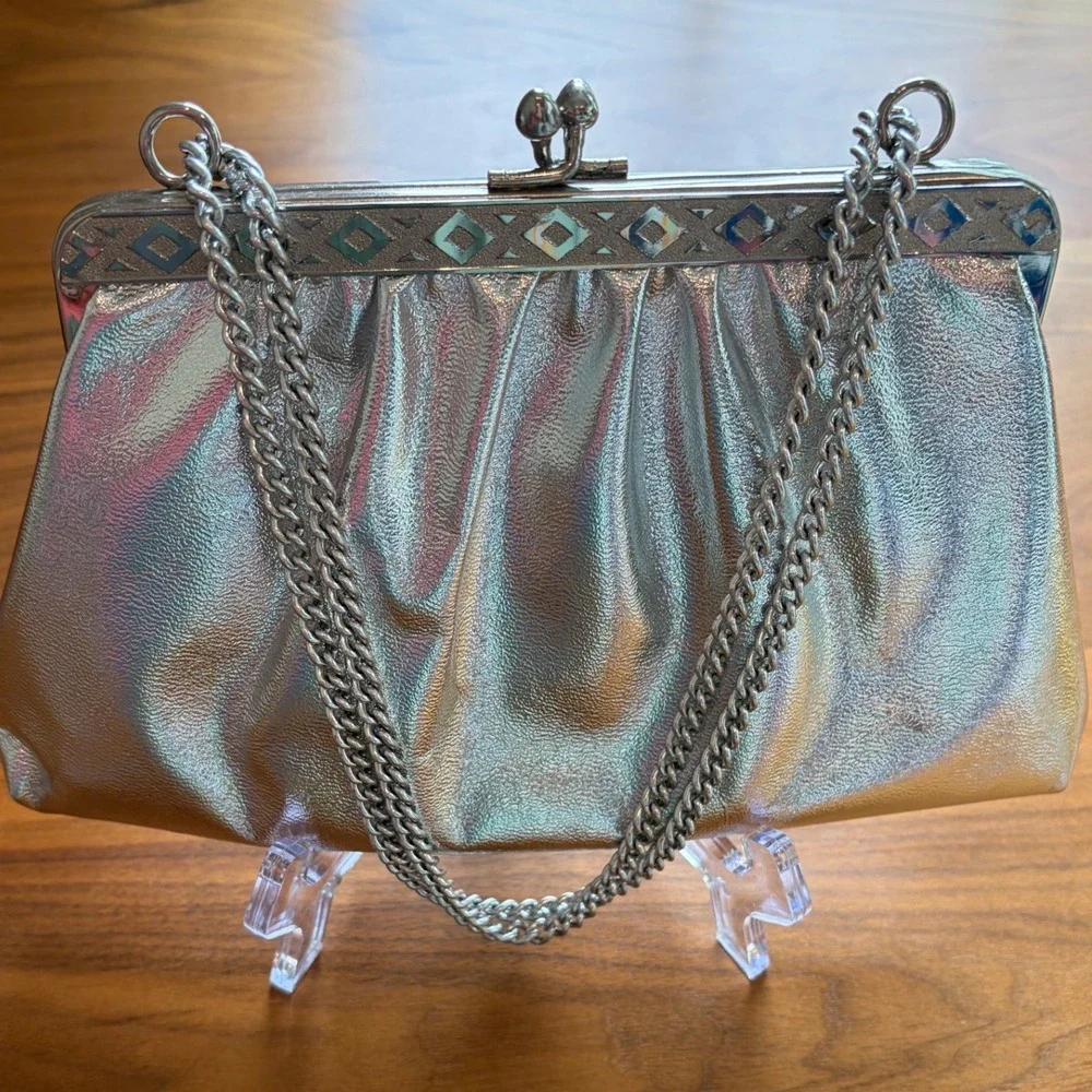 Clutch Bag Womens Small Silver Holographic Metallic Frame Evening Prom